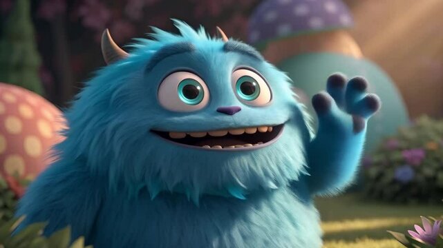 Fluffy blue cartoon alien clipart monster smiling with playful hand wave