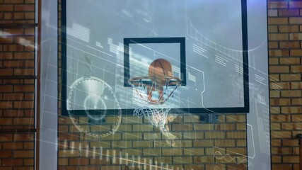 3D render showing basketball backboard with hoop, net holding ball on rim and HUD data overlays - Powered by Adobe