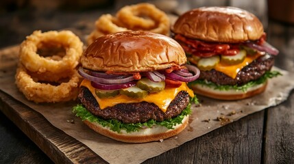 A rustic counter setup featuring juicy smash burgers fresh toppings and a side of crispy onion rings overlay cut out on isolated transparent removed background