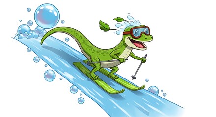 Green Lizard Cartoon Character Having Fun Skiing in Water with Bubbles and Goggles