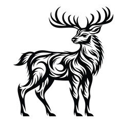 Striking Black Deer Silhouette, Decorative Animal Design with Intricate Horns on White