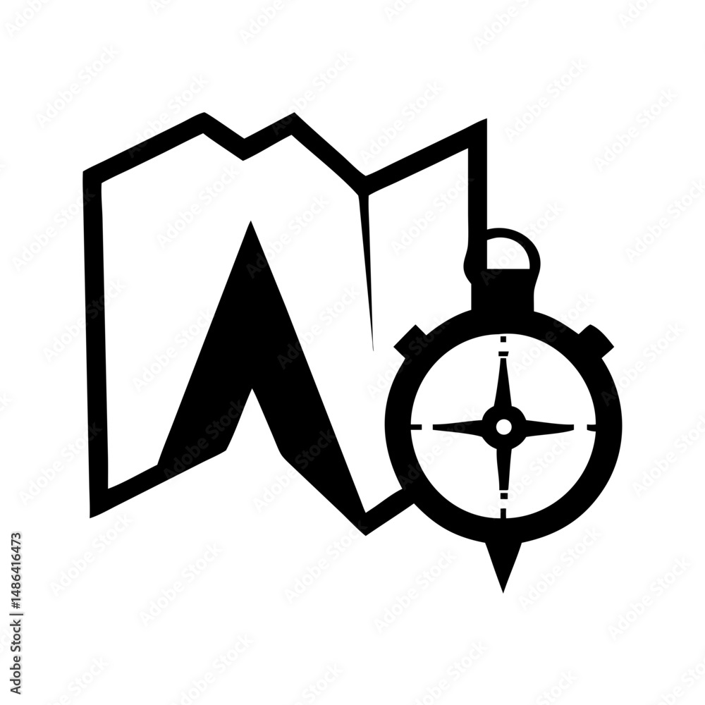 Poster map and compass icon for travel adventure and exploration with navigation and direction guide
