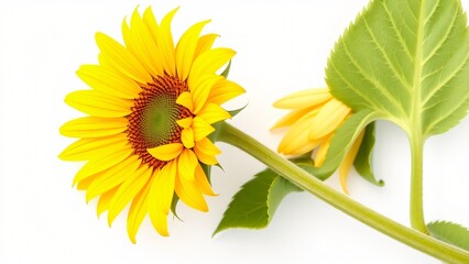Naklejka premium Bright Yellow Sunflower Flower on White Background with Green Leaf