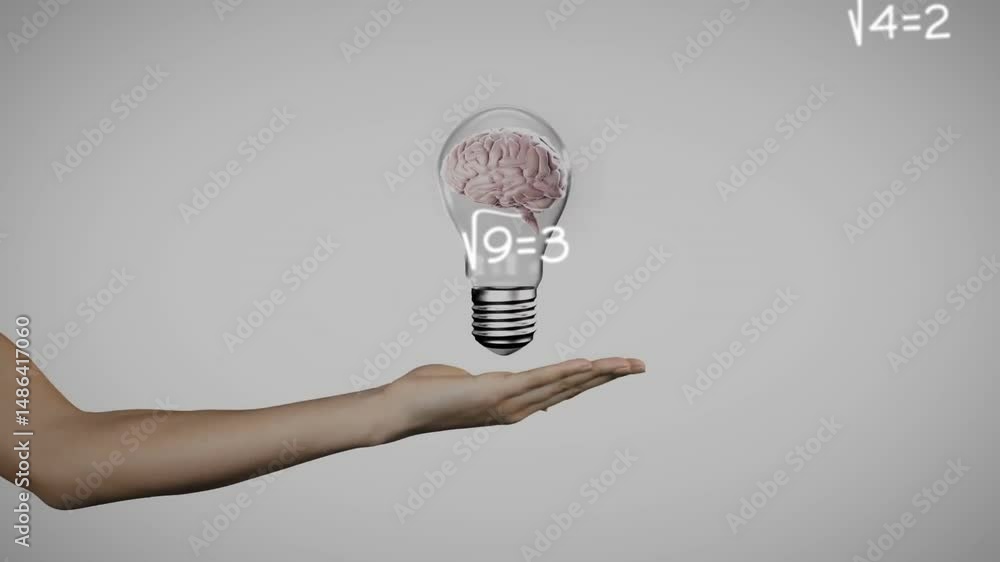 Poster 3d render showing brain inside clear bulb hovering above hand with white math formulas circling