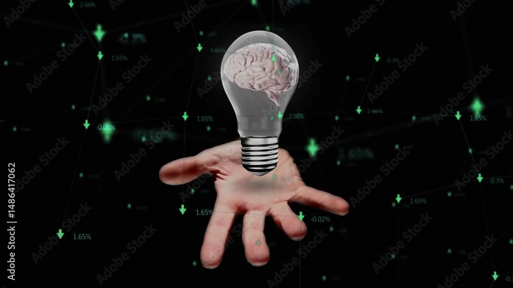 Poster floating transparent light bulb containing 3d brain above palm, showing green network data flow