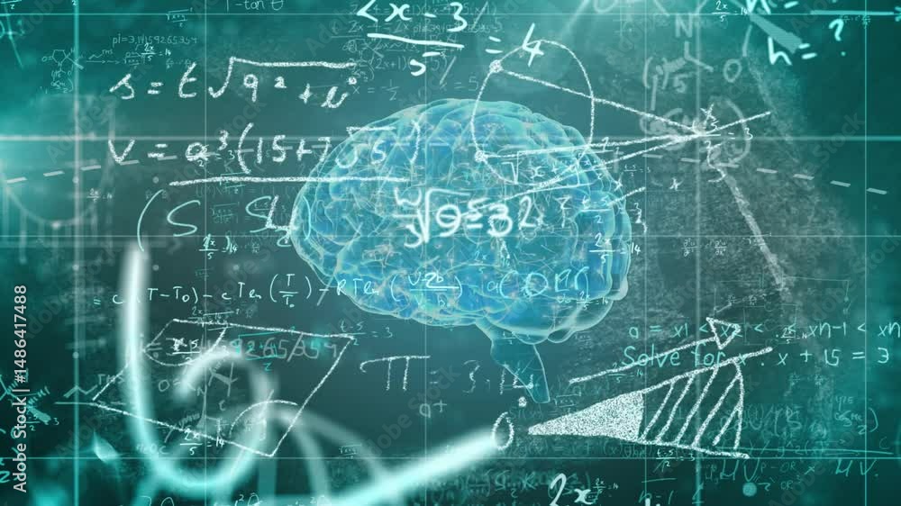 Poster translucent blue brain illustration floating on chalk style teal grid showing formulas and diagrams