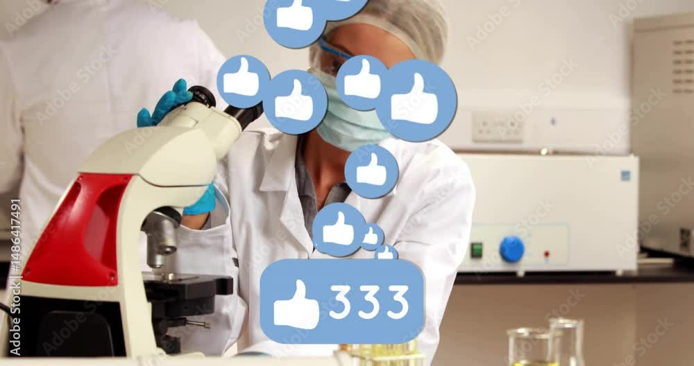 Poster female scientist examining microscope in health lab with thumbs-up icons and counter reading 352