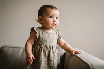 Naklejka premium Cute baby girl standing up, holding onto a couch with a soft neutral background. Perfect for parenting, childhood, and home decor content, capturing a milestone moment.