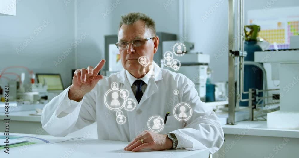 Aufkleber male scientist extending finger in tech lab, interacting with floating holographic network icons