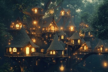 Explore the enchanting treehouse village illuminated by warm glowing lights in a magical forest, Enchanted treehouse village with glowing lights in a mystical forest Fantasy concept