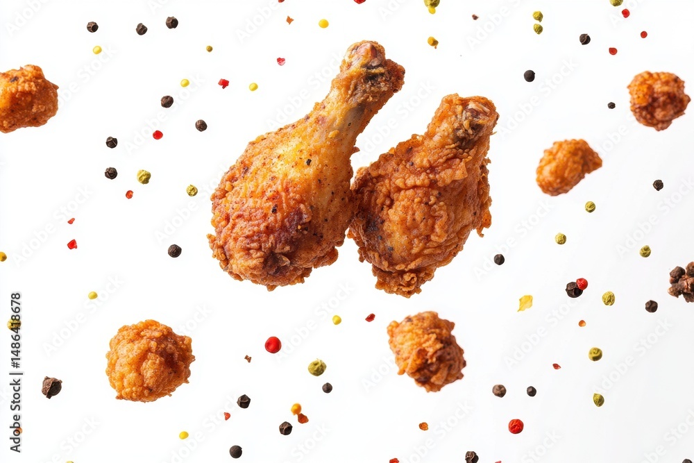 Poster crispy fried chicken pieces surrounded by an array of colorful spices showcasing deliciousness and f