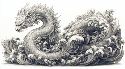 Majestic dragon sculpted in flowing water. Detailed carving of mythical creature, serene pose