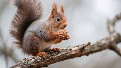 Fototapeta premium A lively squirrel sits on a tree branch, holding a walnut with its paws while nibbling on it. Its bushy tail and reddish-brown fur contrast against the blurred background