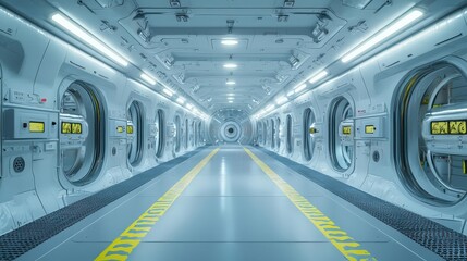 Fototapeta premium Futuristic corridor with metallic walls and circular windows.