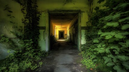 Fototapeta premium Overgrown Abandoned Hallway Mystery Deep Inside Old Building