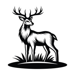 Silhouette of Stag with Antlers Standing on Grass in Black and White Minimalism