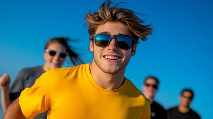 Smiling young man wearing sunglasses and yellow shirt poses with friends against a bright blue sky.