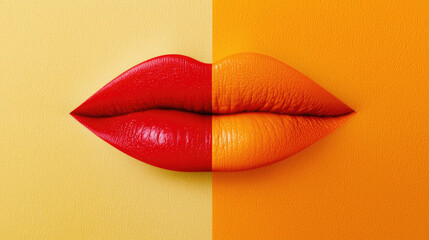 Symmetrical lips with a red/orange gradient split across two contrasting yellow/orange backgrounds