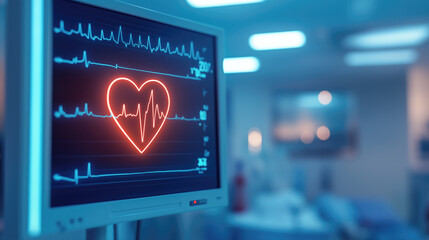 Medical monitor displaying heart rate, red heart graphic, blurry hospital backdrop