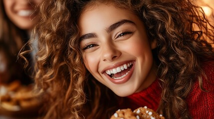 Naklejka premium Smiling young woman with curly hair holds a cookie, creating a joyful atmosphere indoors.
