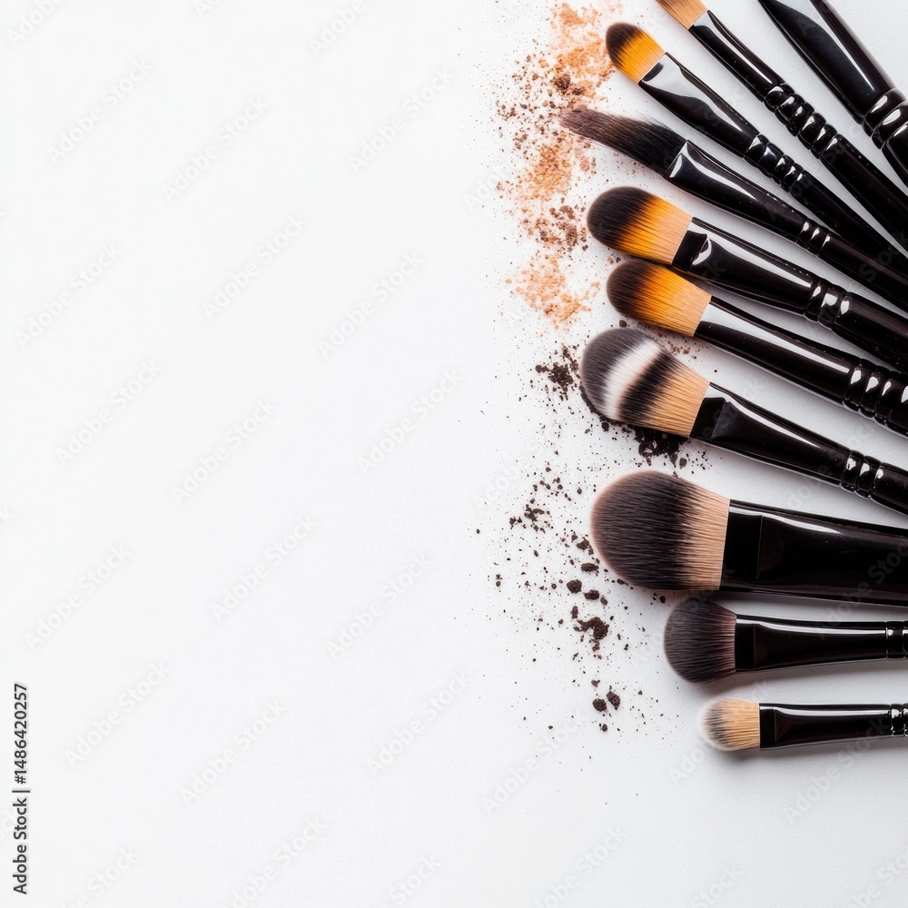 Poster artistic layout of makeup brushes arranged with color tones, showcasing elegance and style against a