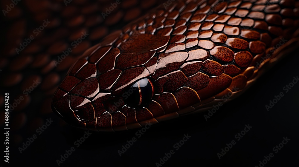 Poster snake head showing detailed scale pattern and reflective eye on dark background with dramatic lighti