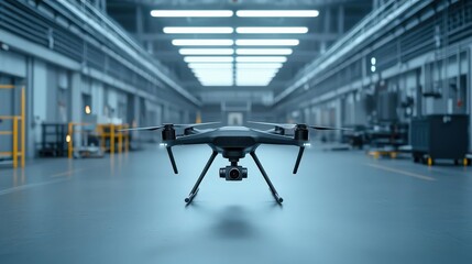 Drone in a modern industrial space with blue lighting.