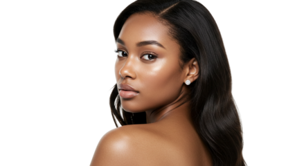 Elegant beauty with dark hair poses against a stark black backdrop, showcasing a radiant complexion and simple yet refined jewelry.