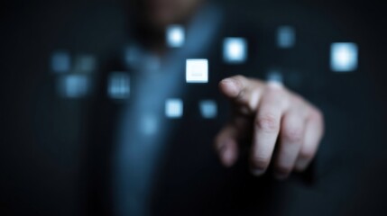 Hand Reaching Toward Floating Digital Interface Elements with Soft Focus Effect Against a Dark Background for Modern Technology Concepts