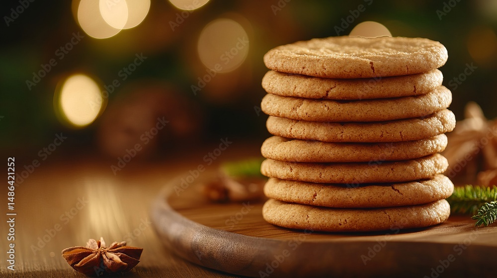 Poster stack of cookies sits on a wooden board with a bokeh background, creating a festive atmosphere.