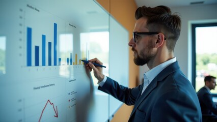 A professional man analyzes data on a whiteboard with bar graphs in a modern office setting