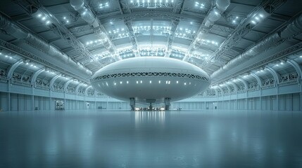 Futuristic interior with a large, circular structure above a reflective surface.