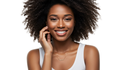 Radiant portrait of a woman with glowing skin, a natural hairstyle, and a genuine smile against a dark backdrop, reflecting positivity.