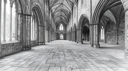 Majestic grayscale interior view of a cathedral with tall arches, columns, and large windows, capturing architectural details