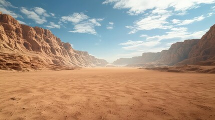 Naklejka premium Vast desert landscape with rocky cliffs and a bright sky.