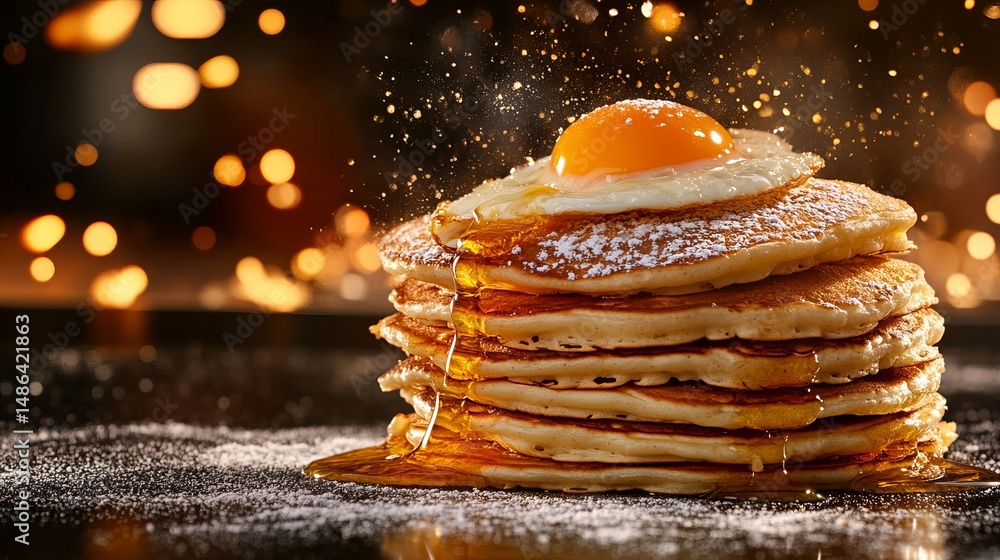 Poster stack of pancakes is topped with a fried egg and powdered sugar, drizzled with syrup in a softly lit