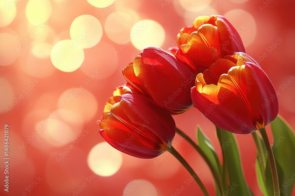 Poster close-up of three vibrant tulips with a soft bokeh background.
