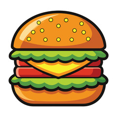 Cartoon Burger Buns with Sesame, Lettuce, Cheese, Tomato Layered and Stylized