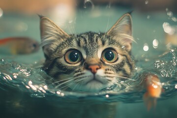 Cats diving into water to hunt fish in a playful and engaging swimming activity, Cats swim in water to catch fish  seamless ing timelapse virtual Photo Background