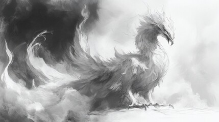 Majestic grayscale phoenix with fiery details, emerging from smoke, capturing grace and power