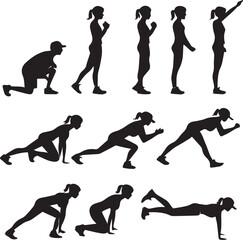 Silhouette Illustrations of Women Performing Various Fitness Exercises and Poses