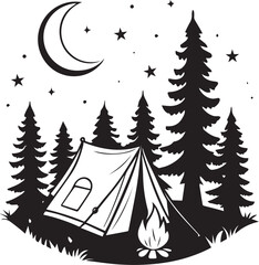 Obraz premium Night Camping Scene with Tent Campfire and Crescent Moon in Silhouette Style