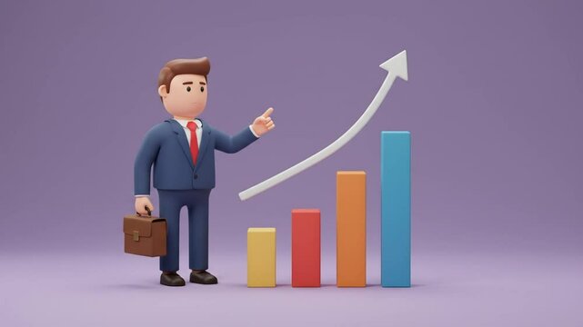 Cartoon businessman and growing bar graph