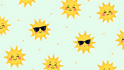 Cute smiling suns pattern, yellow happy faces, playful nursery wallpaper, fun toddler design.