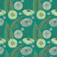 Repeating Pattern Of Stylized Floral And Leaf Elements In Shades Of Green And Off-White Against A Teal Background. 