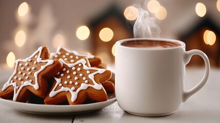 Steaming mug of hot cocoa sits near star shaped gingerbread cookies on a white table with blurred lights in background.