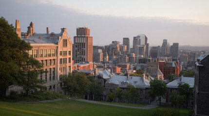 Obraz premium View of city buildings from grassy hilltop, sunset illumination, soft focus