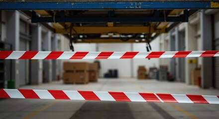 Red and white striped barrier tape in industrial warehouse setting. Safety warning and restricted area concept. Construction zone and hazard prevention. Workplace security and access control