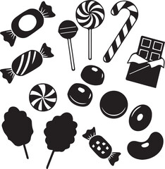 Collection of Black and White Candy Icons Sweet Treats Lollipops Chocolate Candy Canes