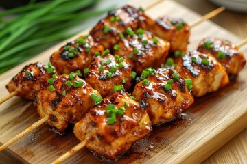 Savory glazed chicken bites with chives served on a wooden platter ready for sharing, Glazed chicken bites with chopped chives on wooden board